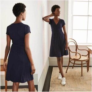 Boden Lola Jersey Faux Wrap Ruched Waist Cap Sleeve V-Neck Dress Navy Blue 6